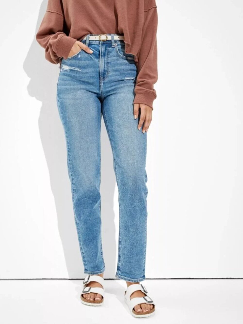 American Eagle Stretch Mom Straight Jeans Size 4 Distressed High Waist